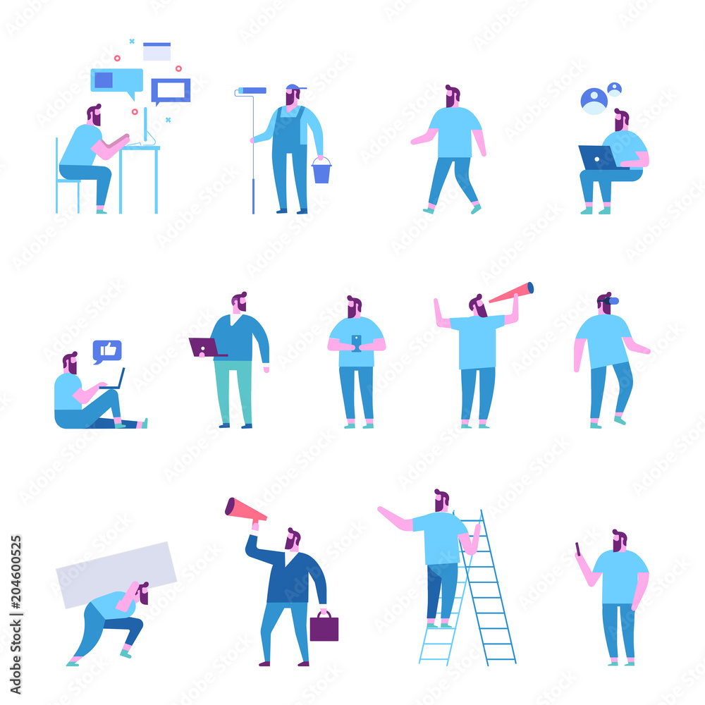 Young guy character set. Brainstorming, searching for new ideas solutions. Communication via Internet, social networking, chatting. Flat vector illustration isolated on white. Young guy character set. Brainstorming, searching for new ideas solutions. Communication via Internet, social networking, chatting. Flat vector illustration isolated on white.