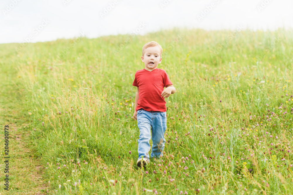 Little boy running across the field on the lawn on a summer day Little boy running across the field on the lawn on a summer day
