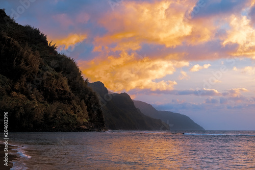 Colorful sunset landscape view of rugged coastline on Kauai, Hawaii