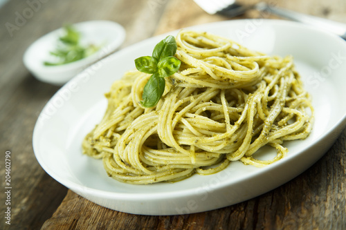 Pasta with homemade green basil pesto