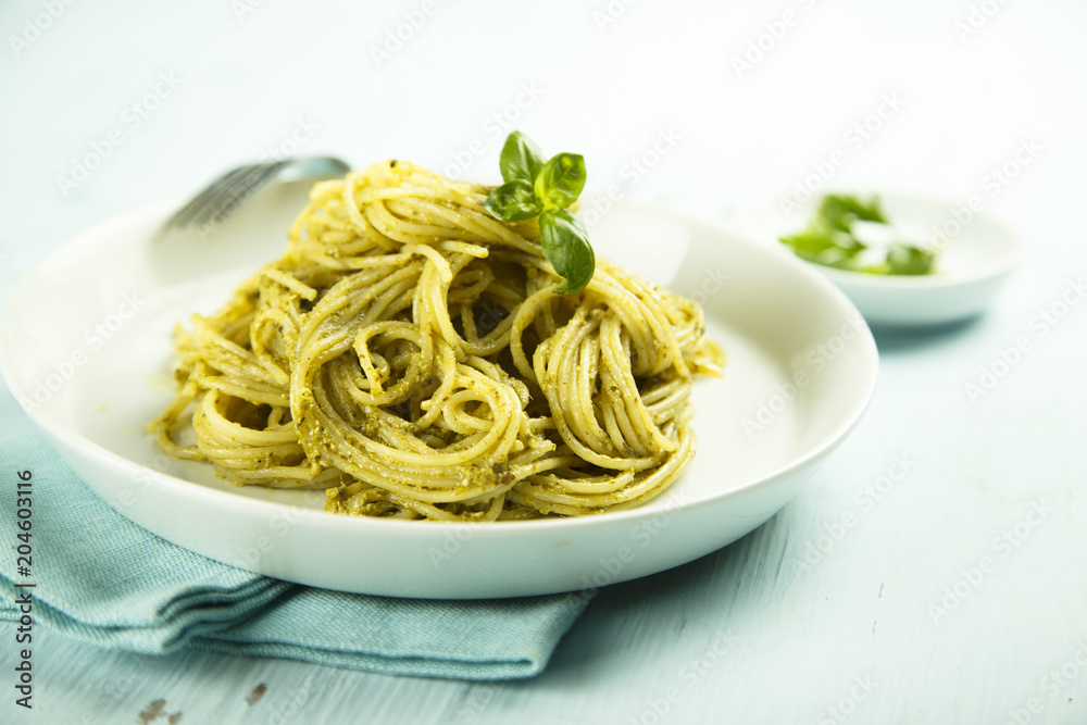 Pasta with homemade green basil pesto