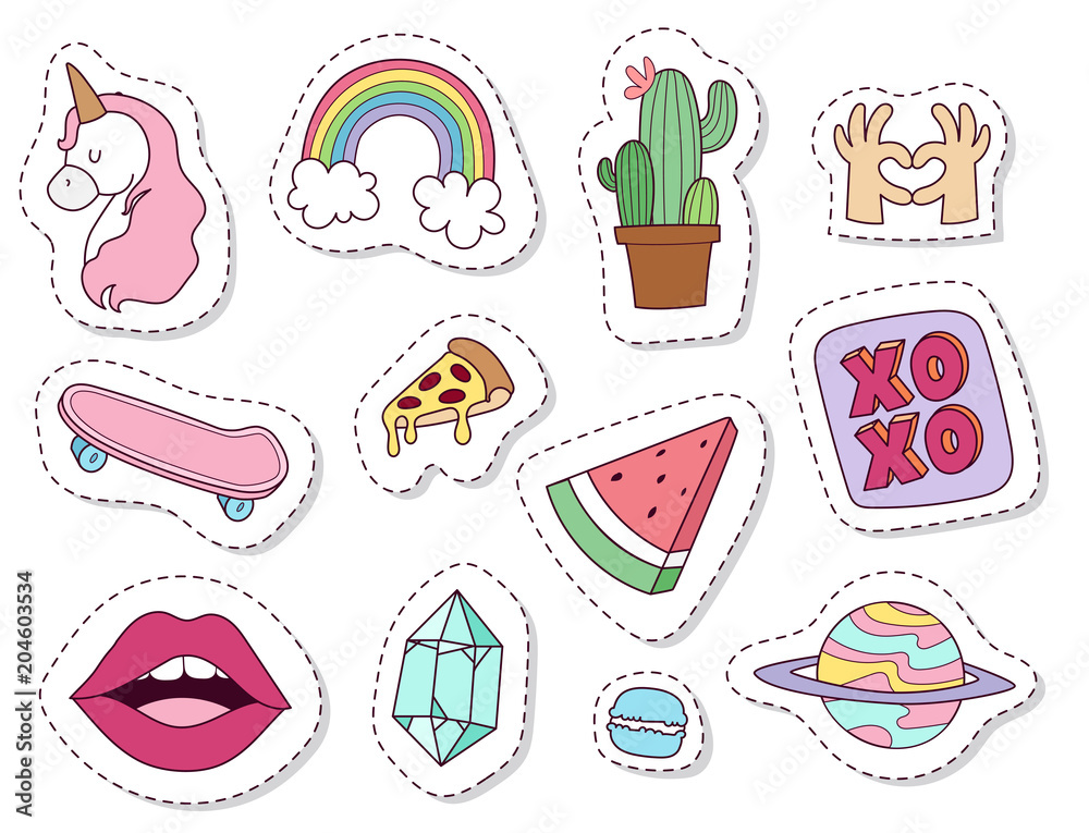 Hipster patches elements hand drawn cute fashionable stickers doodle pop art sketch pins and comic badges vector ilustration.