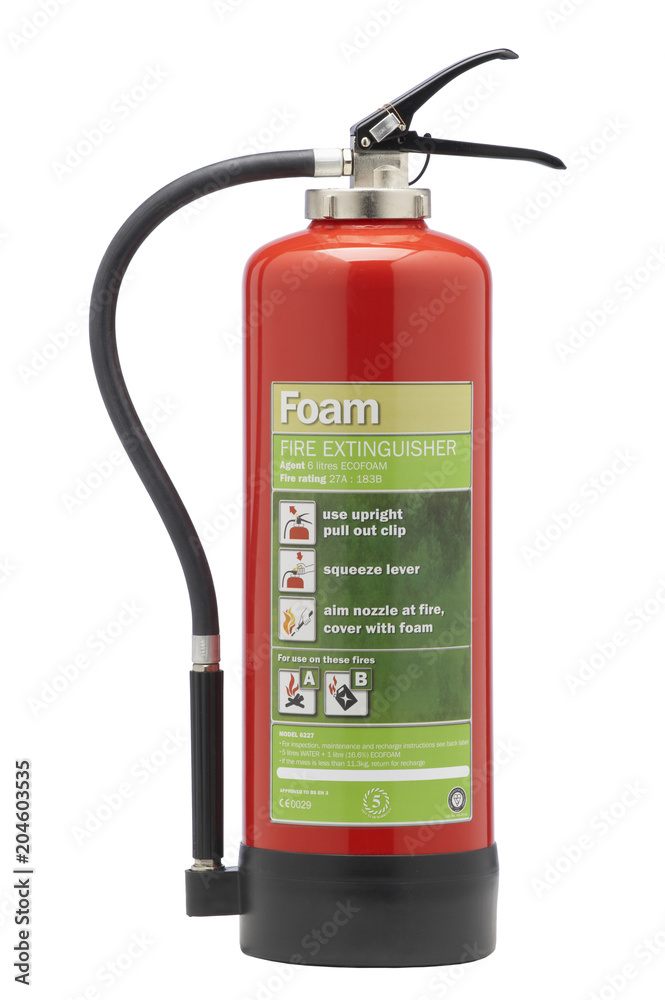 Obraz premium RED FOAM FIRE EXTINGUISHER ISOLATED ON WHITE BACKGROUND