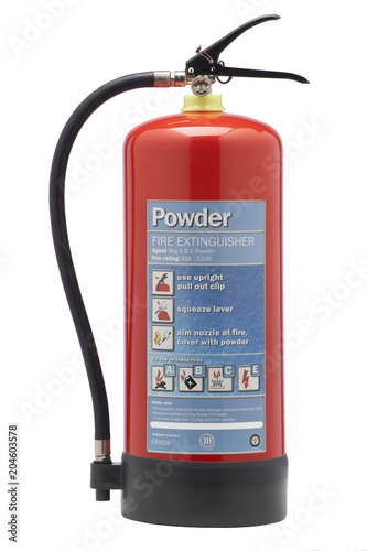 RED FOAM DRY POWDER FIRE EXTINGUISHER ISOLATED ON WHITE BACKGROUND