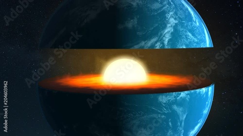 Core of the Earth with inner geological structure and layers of the planet in 3d animation.
