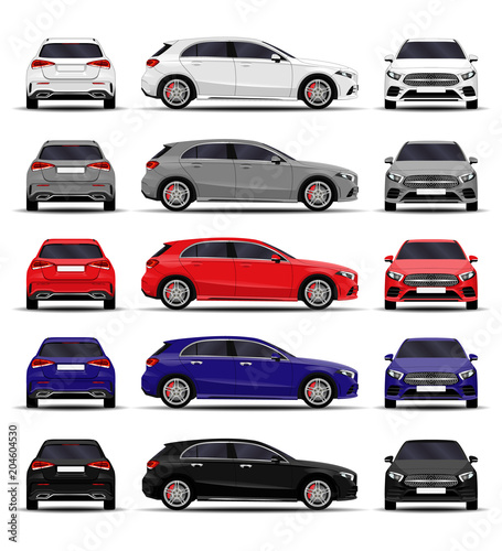 realistic car set. hatchback. front view, side view, back view.