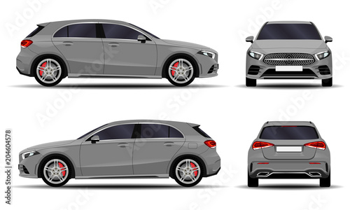realistic car. hatchback. front view  side view  back view.
