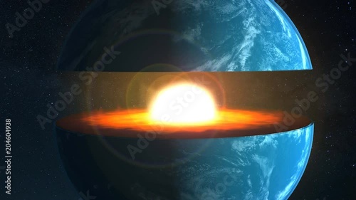Core of the Earth with inner geological structure and layers of the planet in 3d animation.