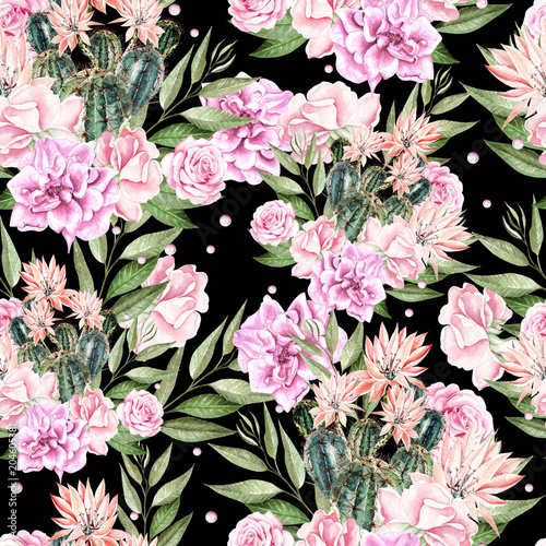 Beautiful Waterolor pattern with cactus and roses .