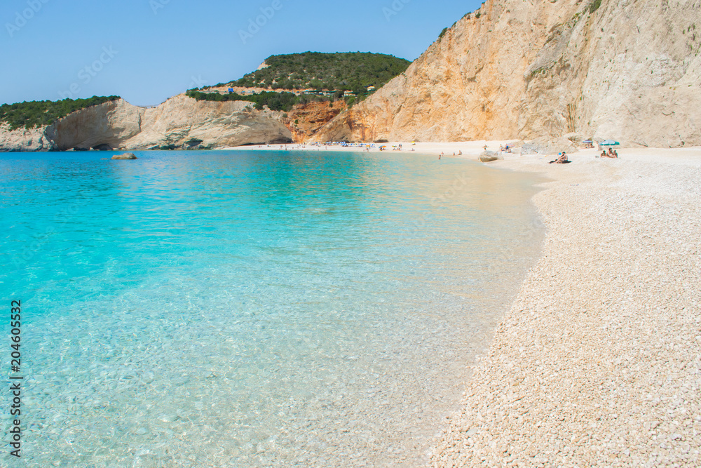 Porto Katsiki beach in Lefkada Ionian island in Greece. View of the turquoise sea waters of the ocean