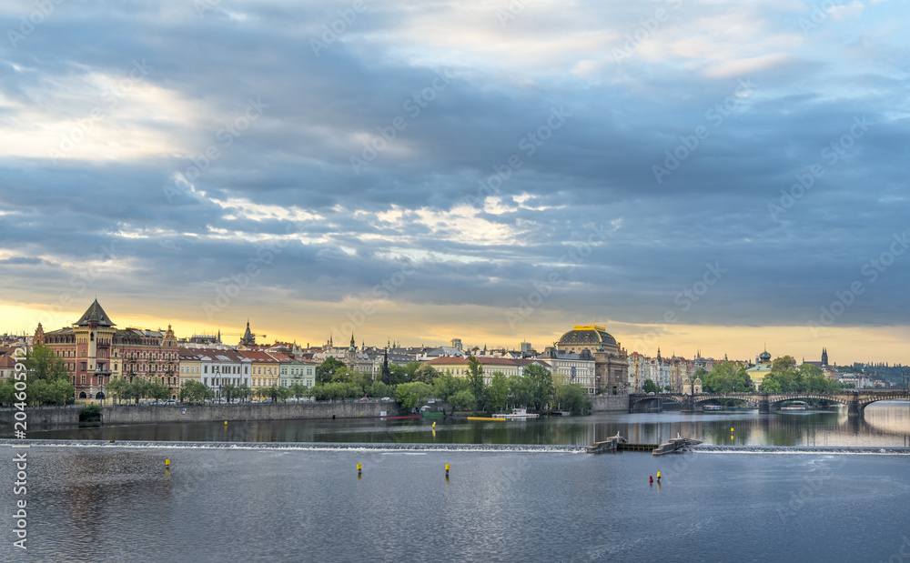 Vltava river and Prague City at sunrise