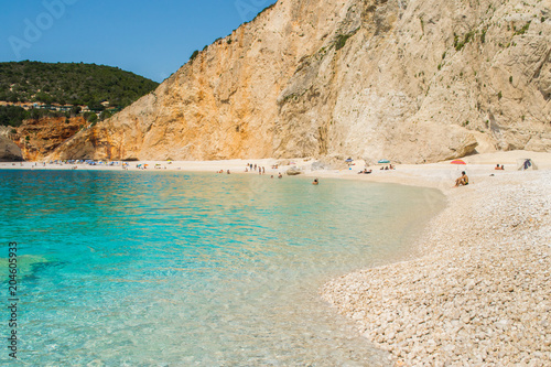 Porto Katsiki beach in Lefkada Ionian island in Greece. View of the turquoise sea waters of the ocean