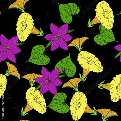 Vector colored pattern with yellow bindweed and violet crocus on black background. Vintage flowers.