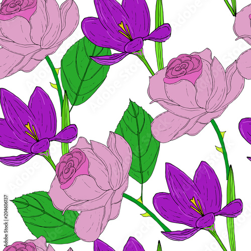 Vector seamless pattern with pink roses and violet crocuses on white background. Colorfull natural tracery.