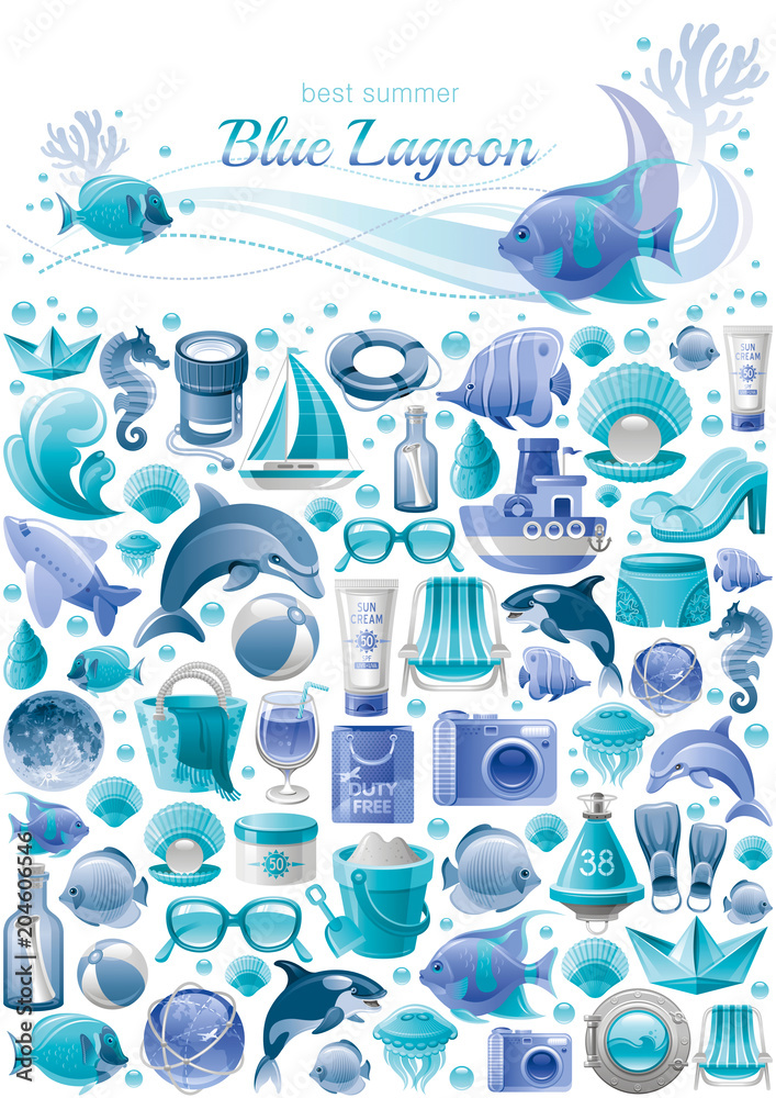 Summer sea travel banner pattern. Repeat wallpaper vector background.  Trendy hipster vacation icon set illustration. Monochrome ocean, killer  whale, plane, moon, wave, paper boat, seashell, pearl Stock Vector | Adobe  Stock