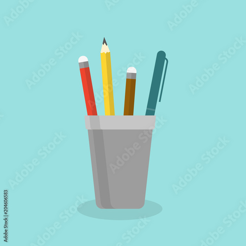Pencil stand icon with pen and pencils in flat style. Vector illustration.