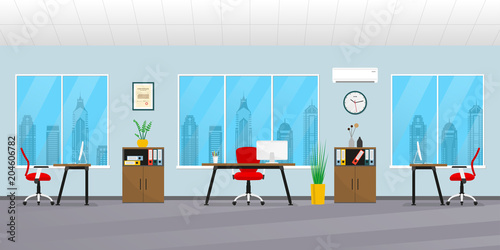 Office interior in flat style. Modern business workspace with office furniture: chair, desk, computer, bookcase, clock on the wall and window. Vector illustration.