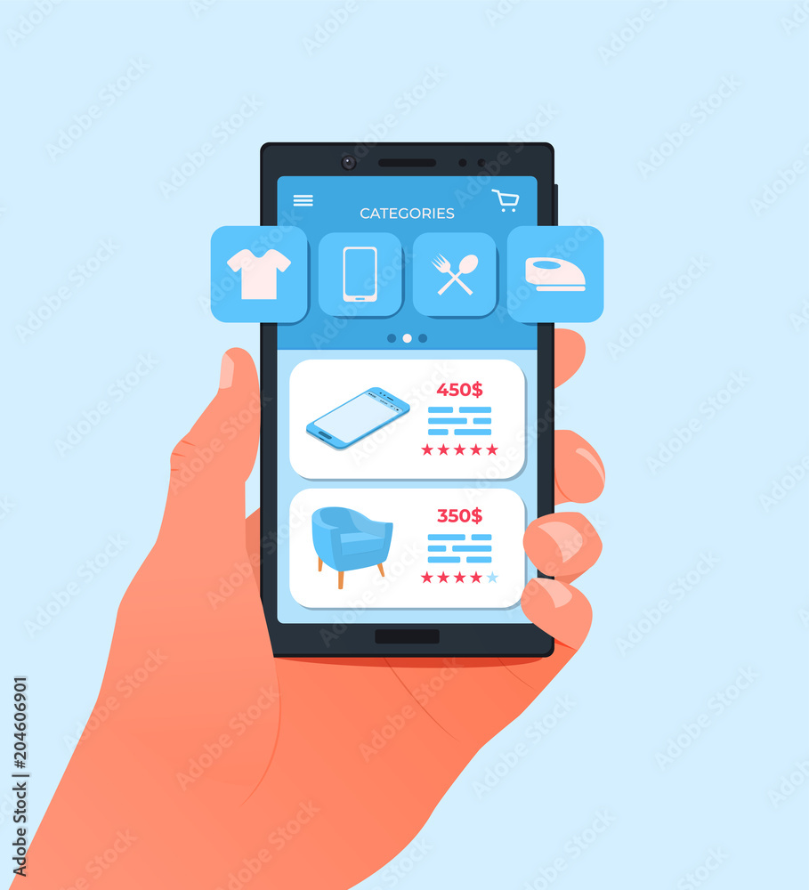 Online shopping. Smartphone in the left hand. Vector illustration Online shopping. Smartphone in the left hand. Vector illustration