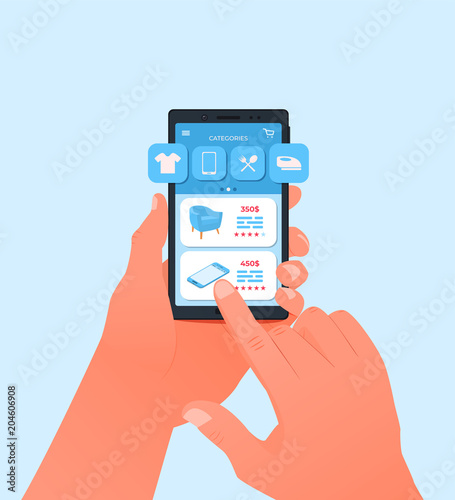 Online shopping. Smartphone in the left hand. Vector illustration