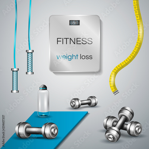 Fitness weight loss concept. Healthy lifestyle. Sports equipment, dumbbells, jump rope. Vector illustration