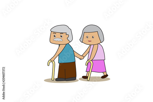 Elderly grandmother and grandmother use stick. Take care of each other. 