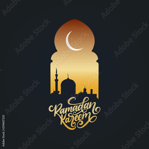 Ramadan Kareem calligraphy. Vector illustration of Islamic holiday symbols. Drawn mosque night view from arch.