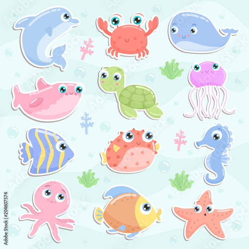 Cute sea animal stickers. Flat design.