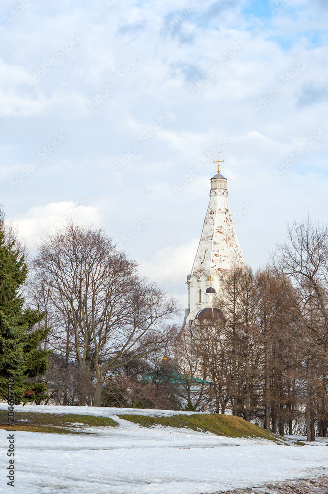 Early spring view of bell tower of Church of the Ascention, Kolomenskoye, Moscow, orthodox christian church and famous religious landmark