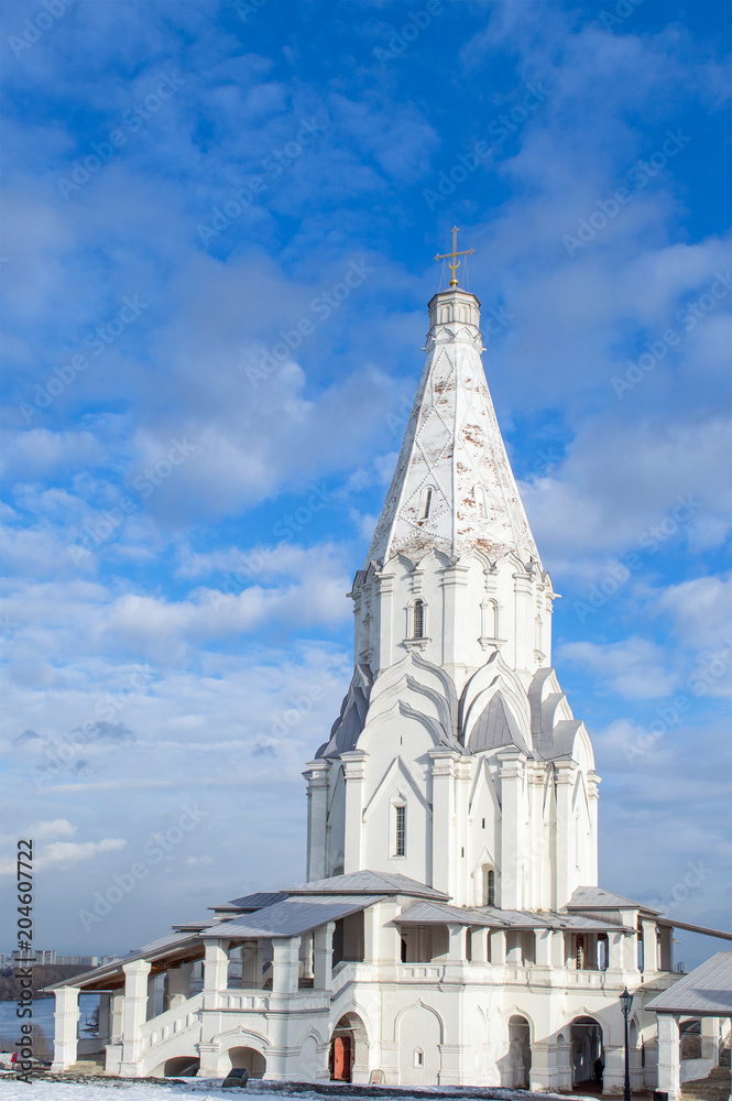 Church of the Ascension in Kolomenskoye, Moscow, Russia. Orthodox medieval church of white stone on sunny day with bright blue sky. Famous religious and architectural landmark