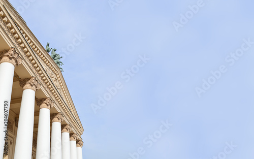 Background with quadriga and pillars of Bolshoi Theatre, Moscow, Russia, beautiful architectural monument, symbol of Russian ballet and cultural landmark