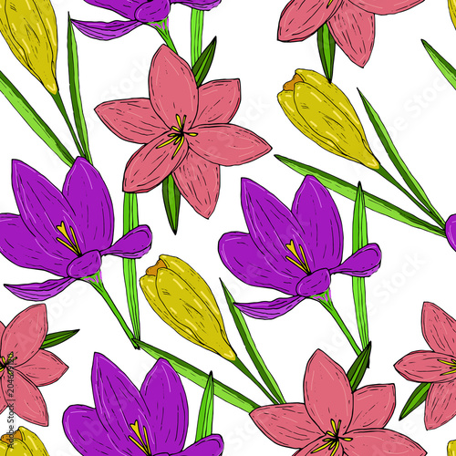 Vector seamless natural pattern with violet, pink and yellow crocuses on white background.