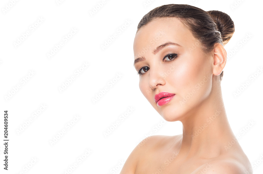 Closeup portrait of a beautiful young woman with brown hair. Pretty model girl with perfect fresh clean skin. beauty and eco cosmetology concept Closeup portrait of a beautiful young woman with brown hair. Pretty model girl with perfect fresh clean skin. beauty and eco cosmetology concept