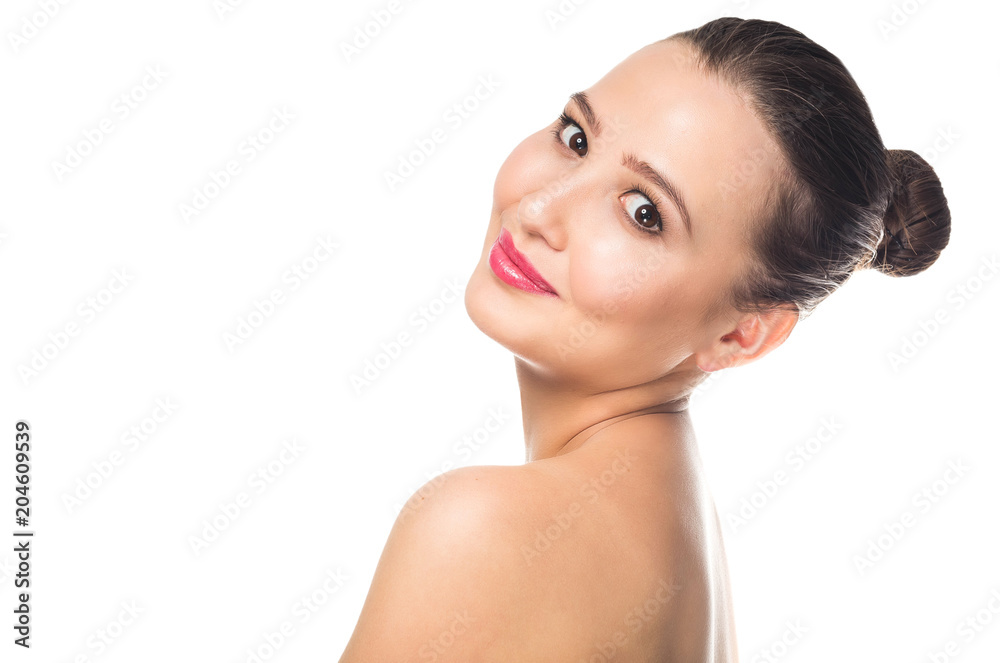 Portrait of beautiful young smiling woman on white isolate background. Spa, care, clean face and skin. Portrait of beautiful young smiling woman on white isolate background. Spa, care, clean face and skin.