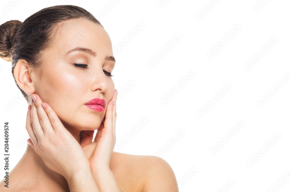 Beauty spa woman touching her face. Perfect fresh skin. Youth and skin care concept Beauty spa woman touching her face. Perfect fresh skin. Youth and skin care concept