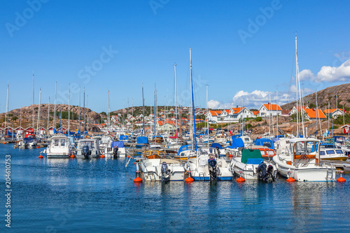 View of a marina and boats in the archipelago of the Swedish west coast