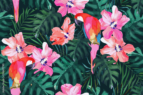 Tropical seamless pattern. Palm tree leave, flower hibiscus and parrot. Hand ...