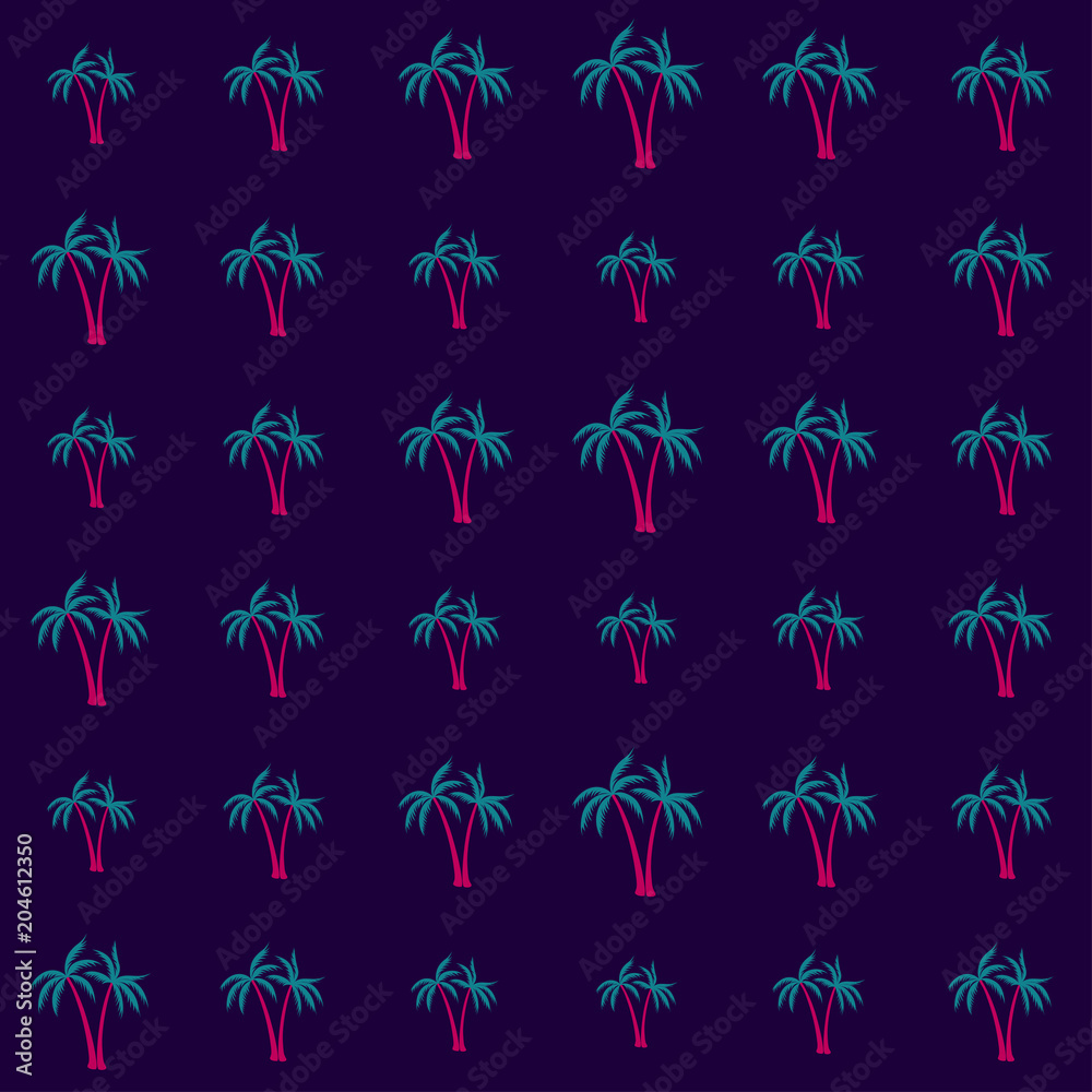 Fototapeta premium Coconut palm tree pattern textile material tropical forest background. Holiday vector fabric repeating pattern. Minimalist tropical plants, coconut trees, beach palms textile background design.