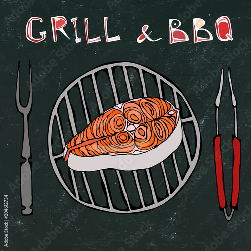 Black Chalk Board Background. Raw Salmon Steak on Barbecue Grill with Fork and Tongs. Summer BBQ. Cooking, Holiday Meals, Recipes, Seafood Guide, Menu. Hand Drawn Illustration. Savoyar Doodle Style.
