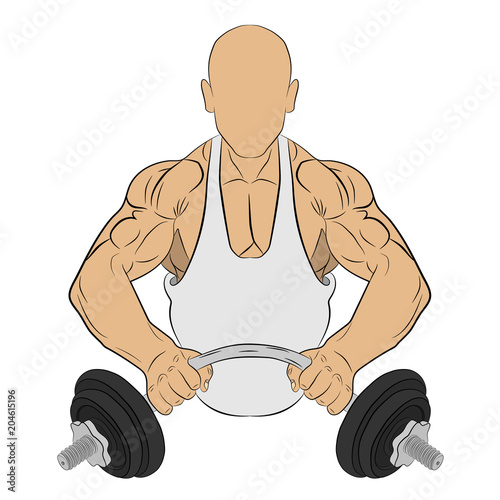 muscle man with barbell. body building concept vector drawing illustration