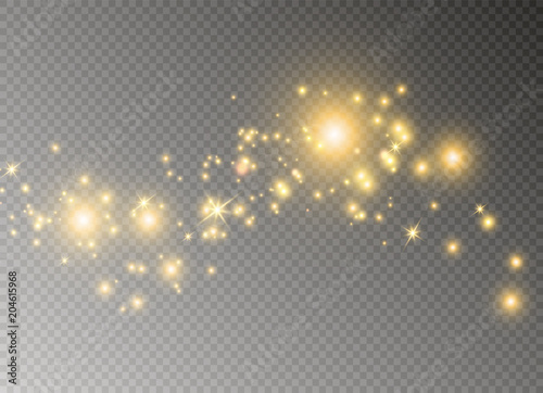 White sparks and golden stars glitter special light effect. Vector sparkles on transparent background. Christmas abstract