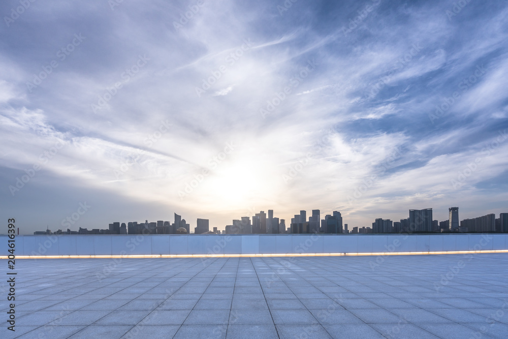 empty floor with city skyline