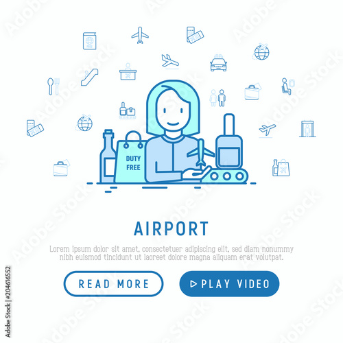 Airport concept with thin line icons: check-in counter, gates, boarding pass, escalator, toilet, baggage claim, wrapping service, duty free, departures. Vector illustration, web page template.