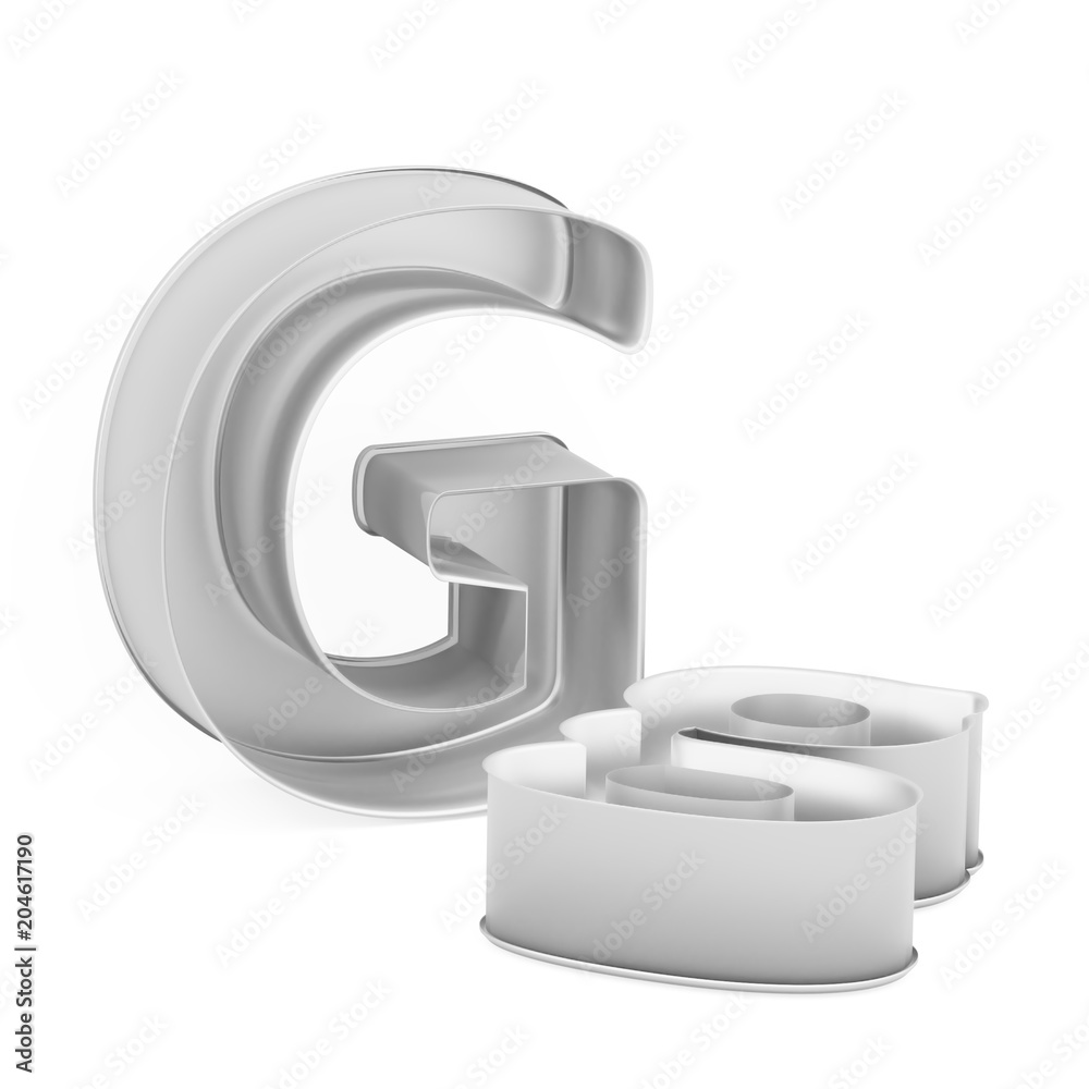 Metal baking cake pan or cookie cutter set of capital and lowercase like letters G on white background, 3D rendered Metal baking cake pan or cookie cutter set of capital and lowercase like letters G on white background, 3D rendered