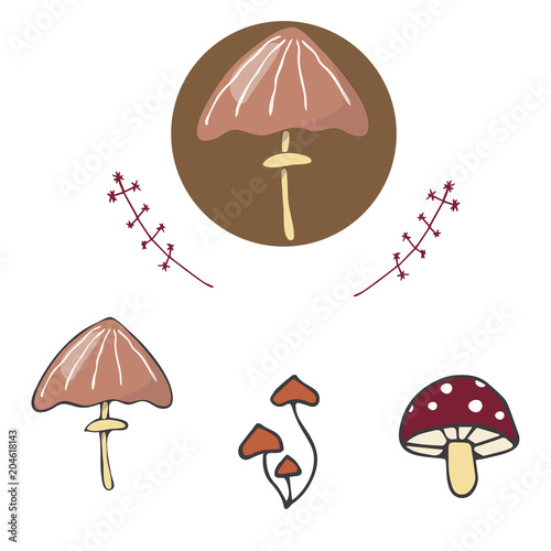 Mushrooms figure clip art vector color texture element funny forest oak similar family logo fantasy red bown long food menu doodle land mushrooms on white background