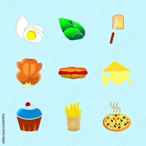 icons about Food with hotdog, decoration, mozarella, fatty bread and baked