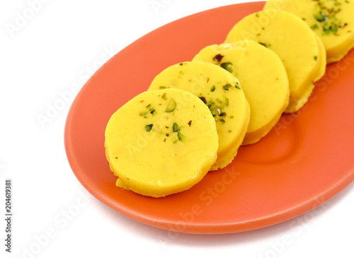 Indian Sweet Food Kesar Peda Also Know as Kesar Mawa Peda, Saffron Sweet, Saffron Peda is a saffron flavoured soft, dense sweet that is specially made during festivals