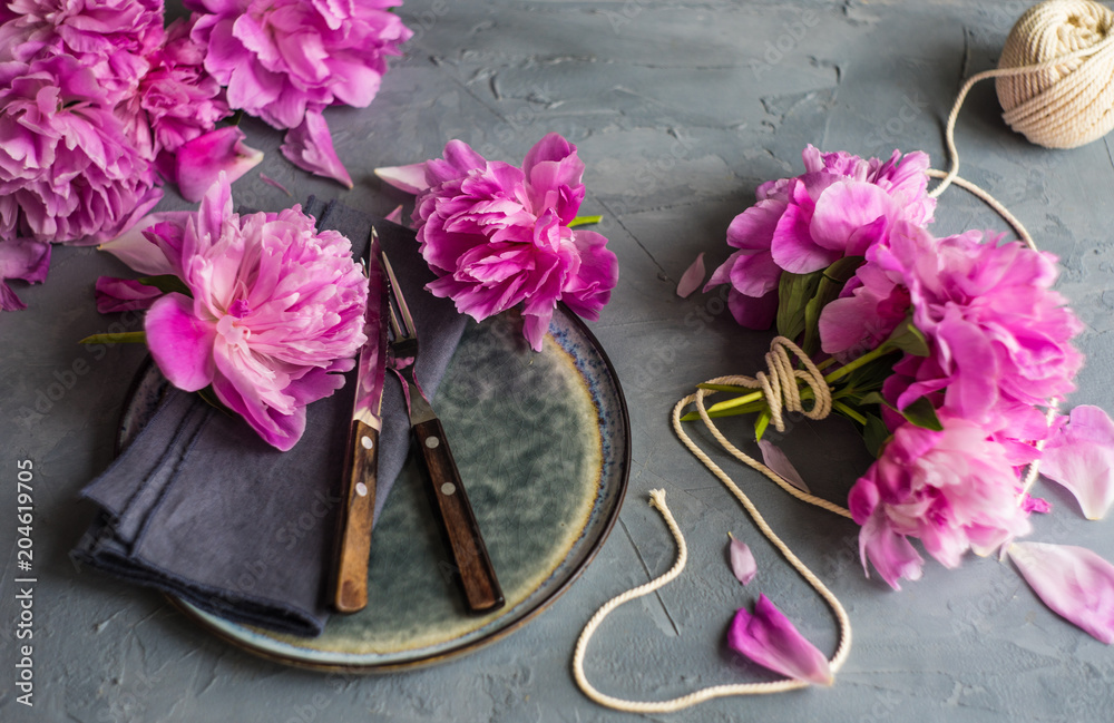 Summer table setting with peony Summer table setting with peony