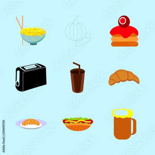 icons about Food with breakfast, croissant, cocoa drink, cup and toaster