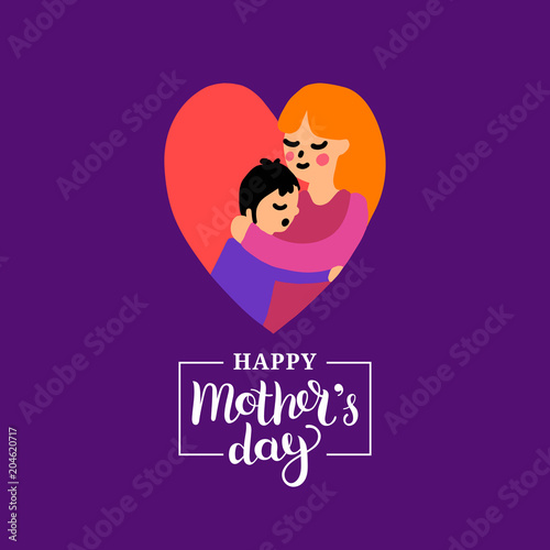 Happy Mothers Day vector hand lettering. Illustration of mother with child in heart shape for greeting card, poster etc. © vladayoung