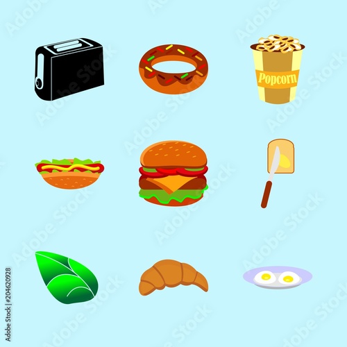 icons about Food with chocolate, cake, hamburger, popcorn and knife photo